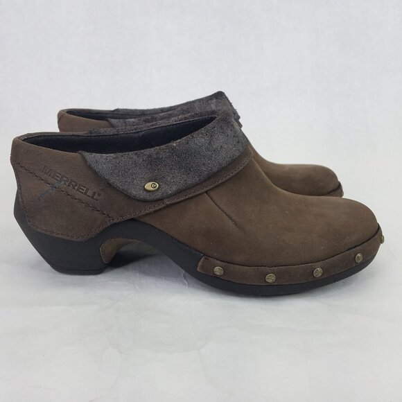 Merrell Luxe Wrap Mule Women's 6 Brown Suede Leather Clog Metal Rivets Cone Heel - Picture 8 of 16